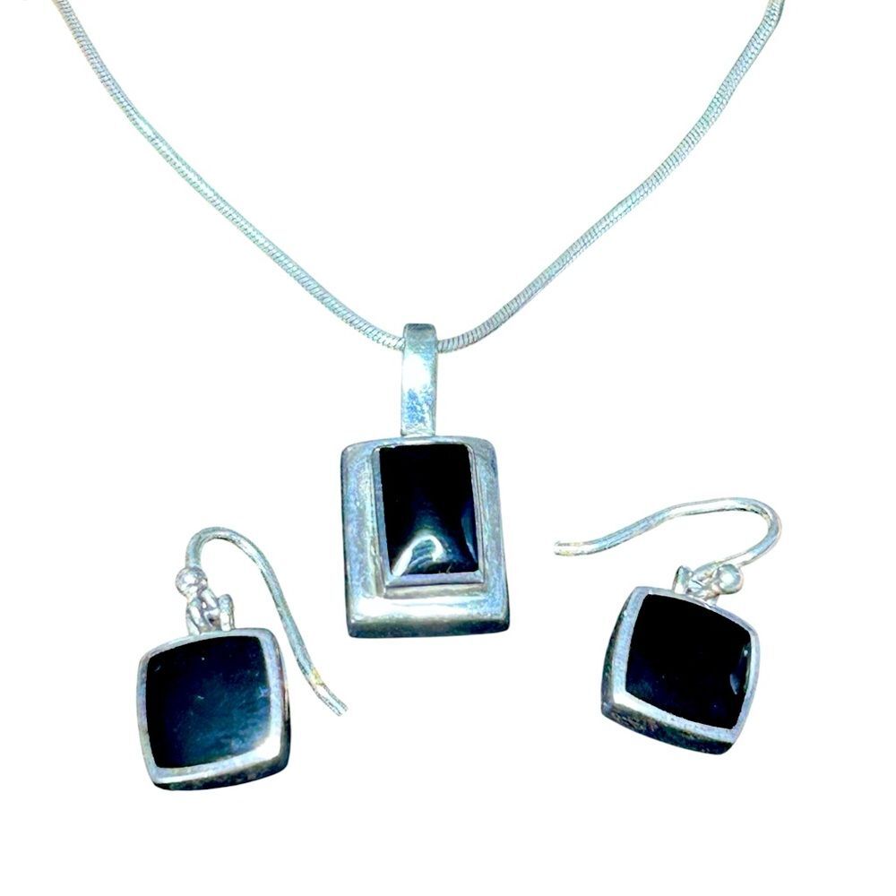 Sterling Silver and Black Onyx Necklace and Earrings Set